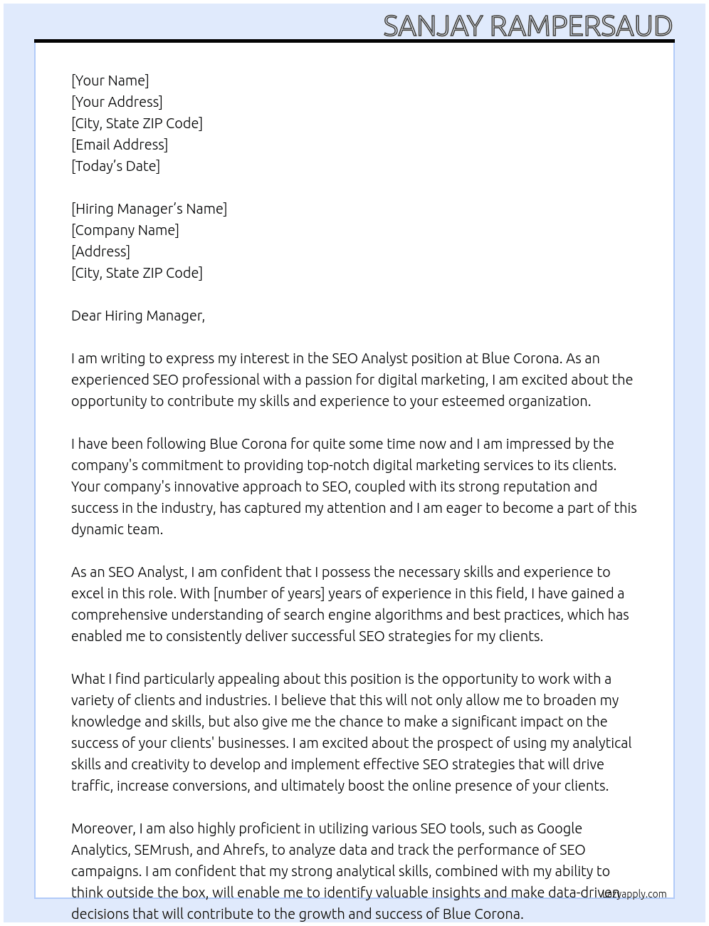 SEO Analyst  At Blue Corona Cover Letter