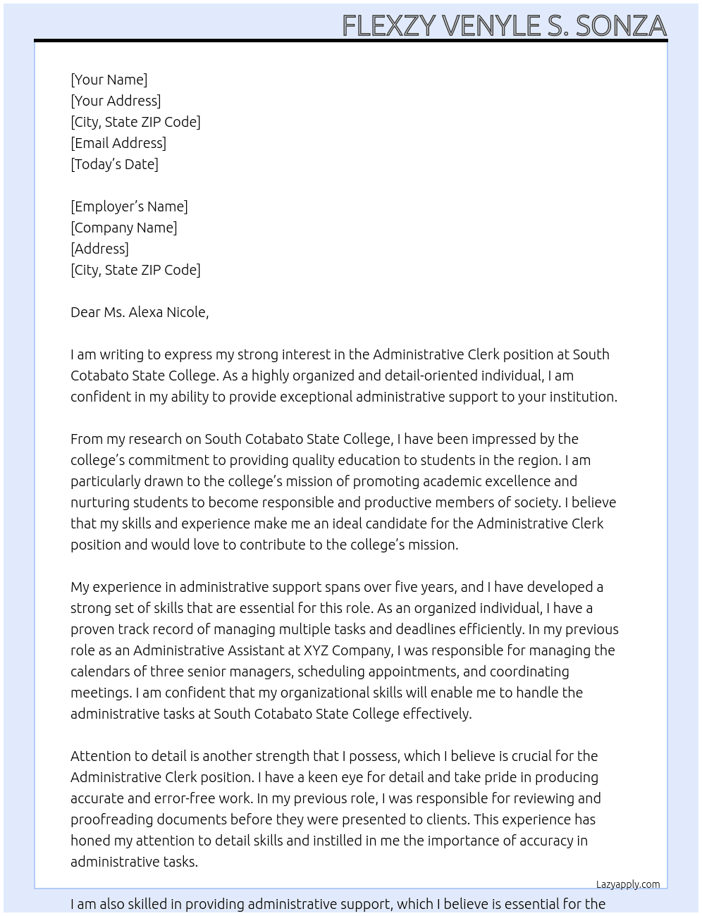 Administrative Clerk At South Cotabato State College Cover Letter