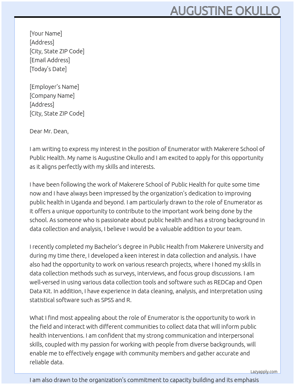 Enumerator At Makerere School of Public Health Cover Letter