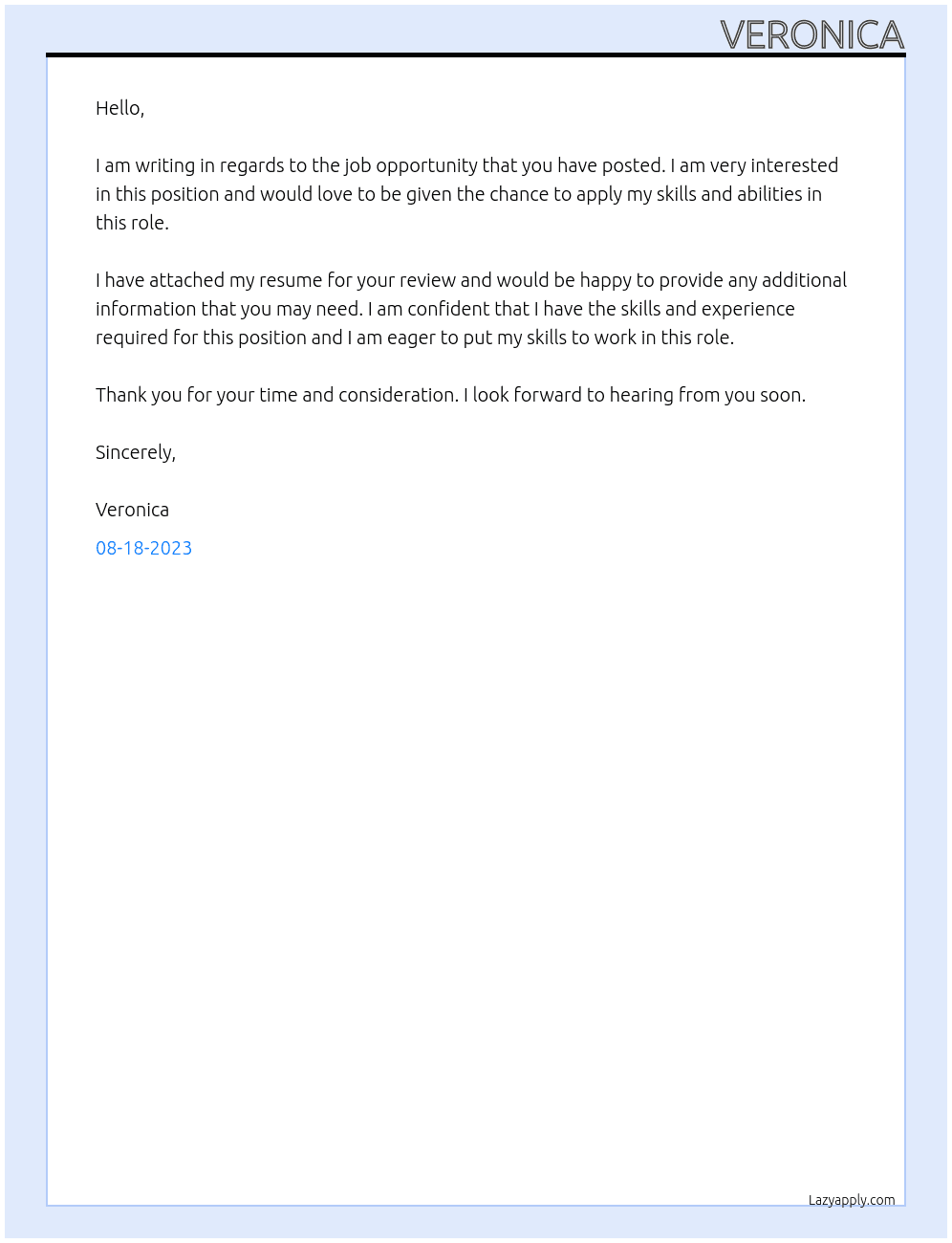 Apply for job opportunity  At Do not know  Cover Letter