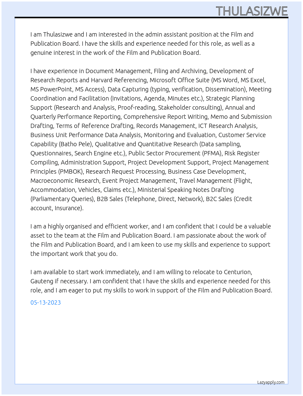 admin assisstant At Film and Publication Board Cover Letter