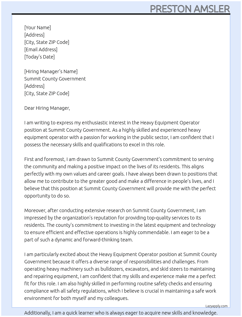 Heavy Equipment Operator At Summit County Government Cover Letter