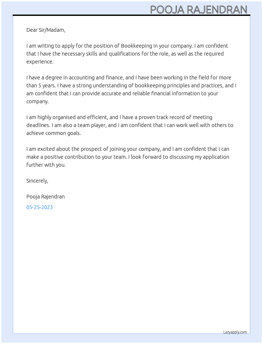 Bookkeeping  At Fashion and beauty  Cover Letter