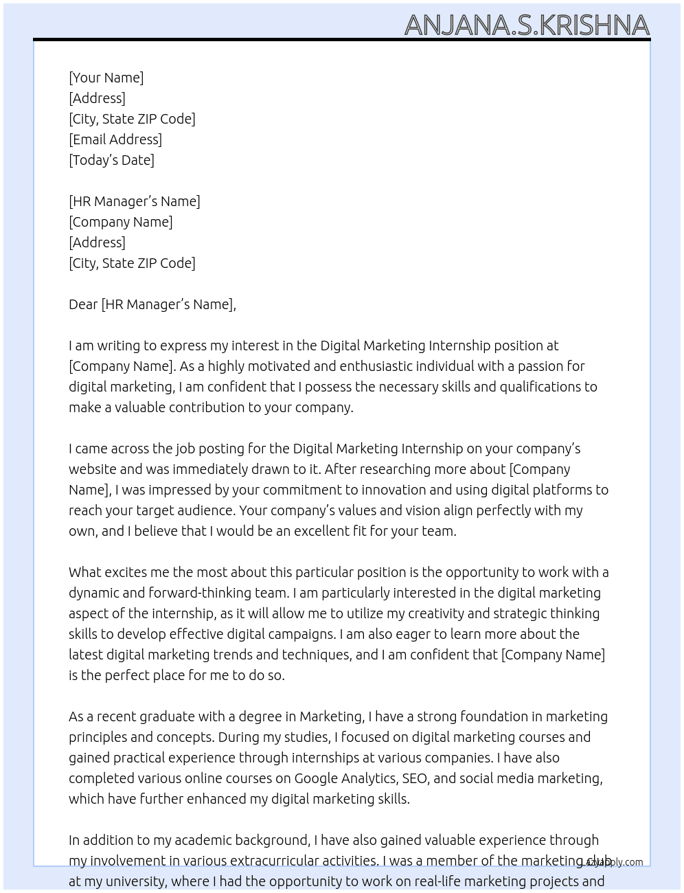 digital marketing internship At wwww Cover Letter