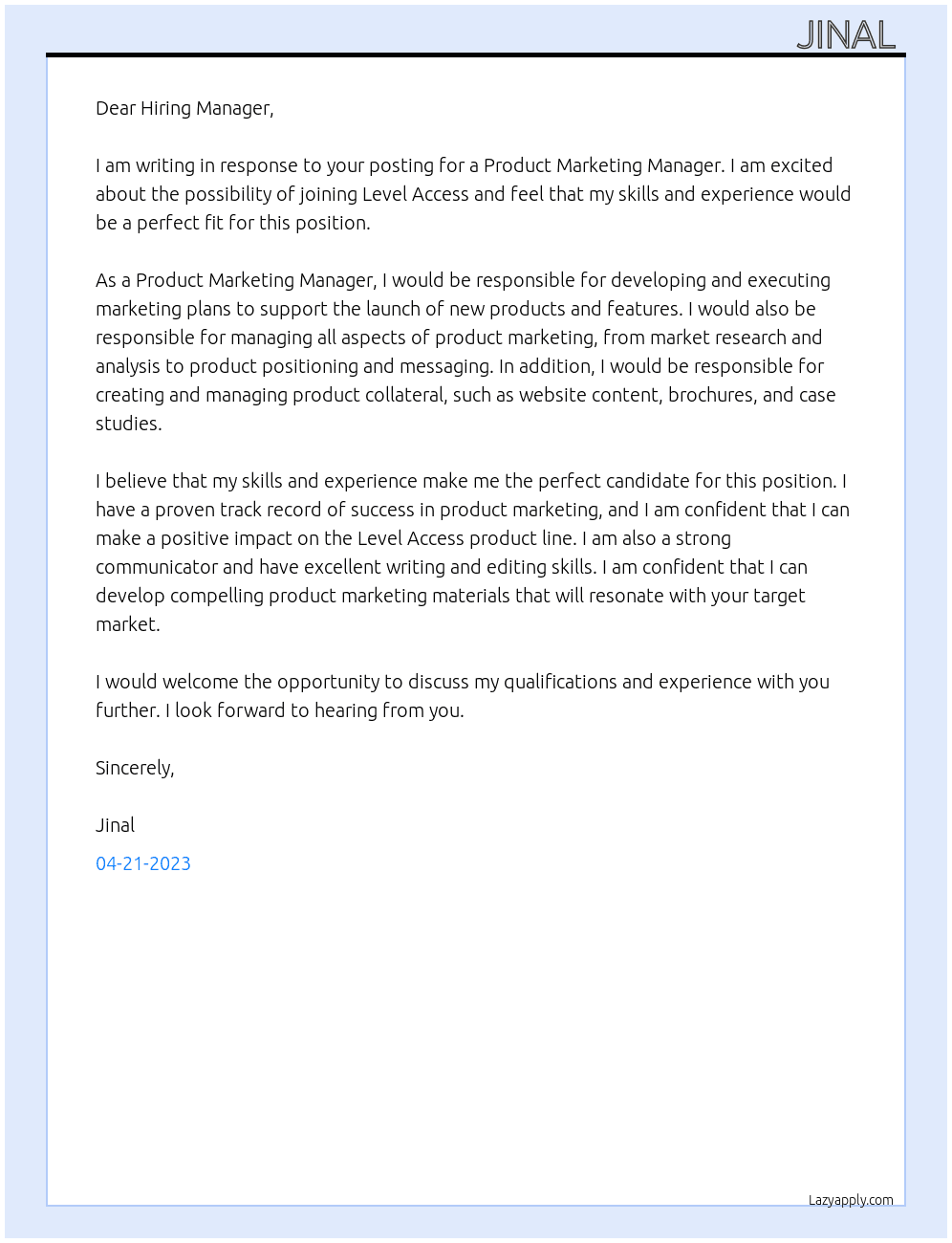 Product Marketing Manager At Level Access Cover Letter