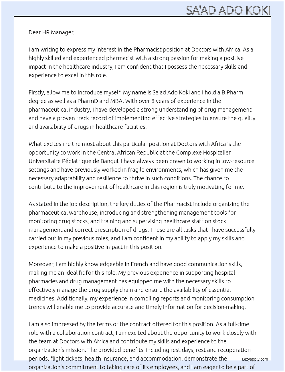 Pharmacist At Doctors with Africa  Cover Letter