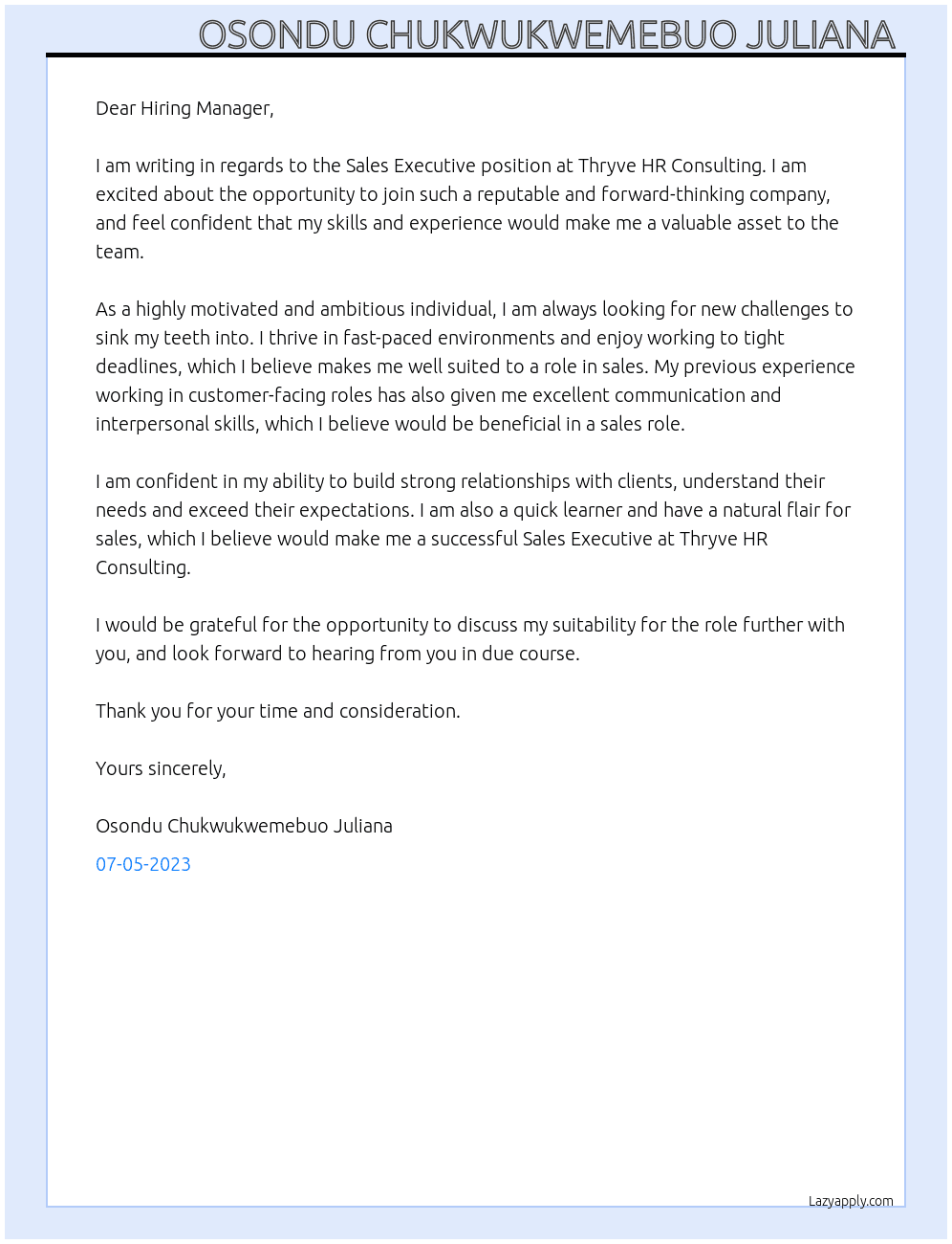 Sales Executive At Thryve HR Consulting  Cover Letter