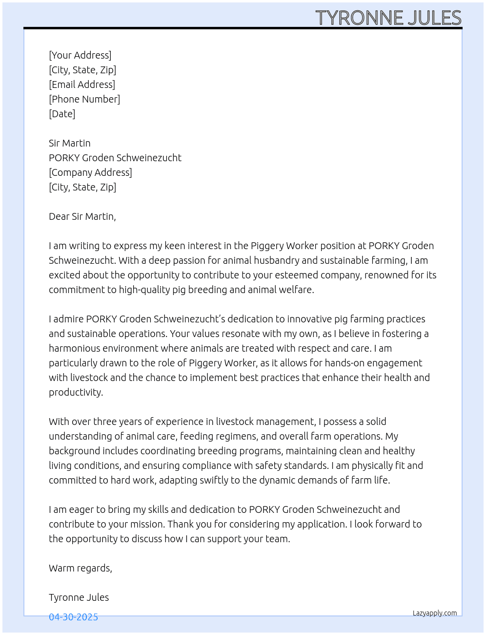 Cover letter for piggery worker - LazyApply