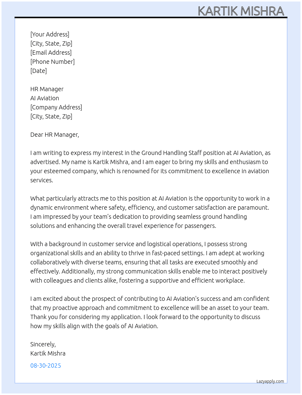 Ground Handling Staff At AI Aviaction Cover Letter