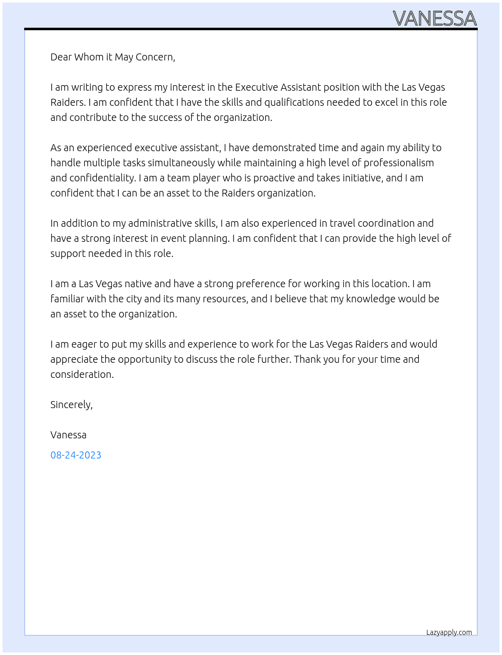 Executive Assistant At Las Vegas Raiders Cover Letter