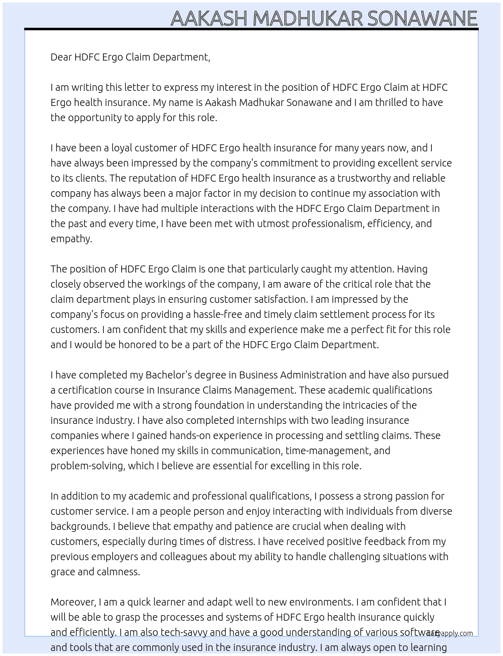 Cover letter for hdfc ergo claim - LazyApply