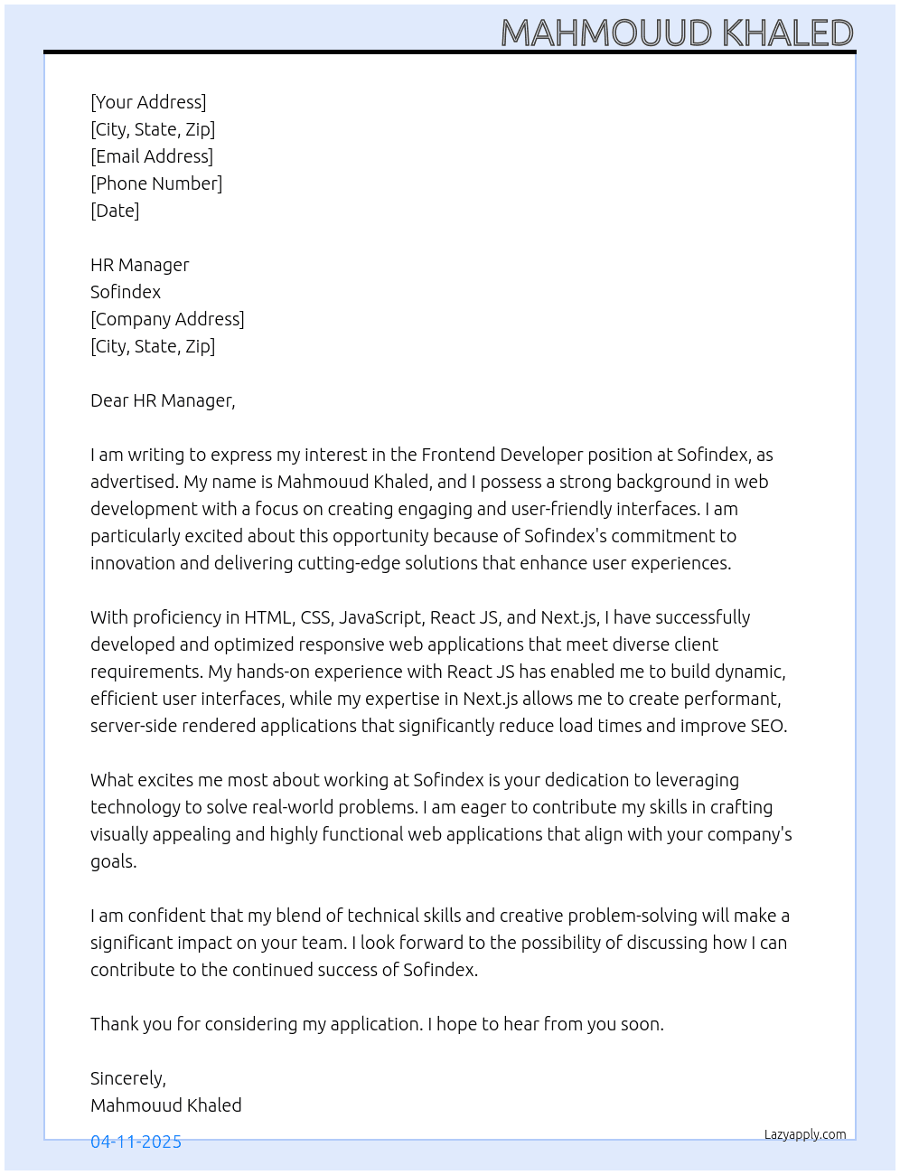 Frontend developer  At Sofindex Cover Letter