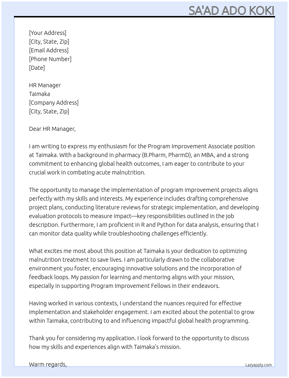 Program Improvement Associate At Taimaka Cover Letter