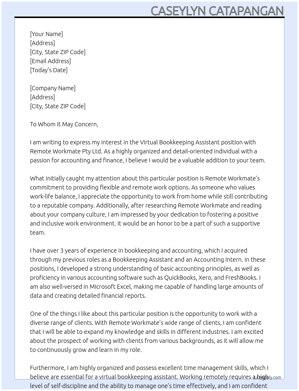 Virtual Bookkeeping Assistant At Remote Workmate Pty Ltd Cover Letter
