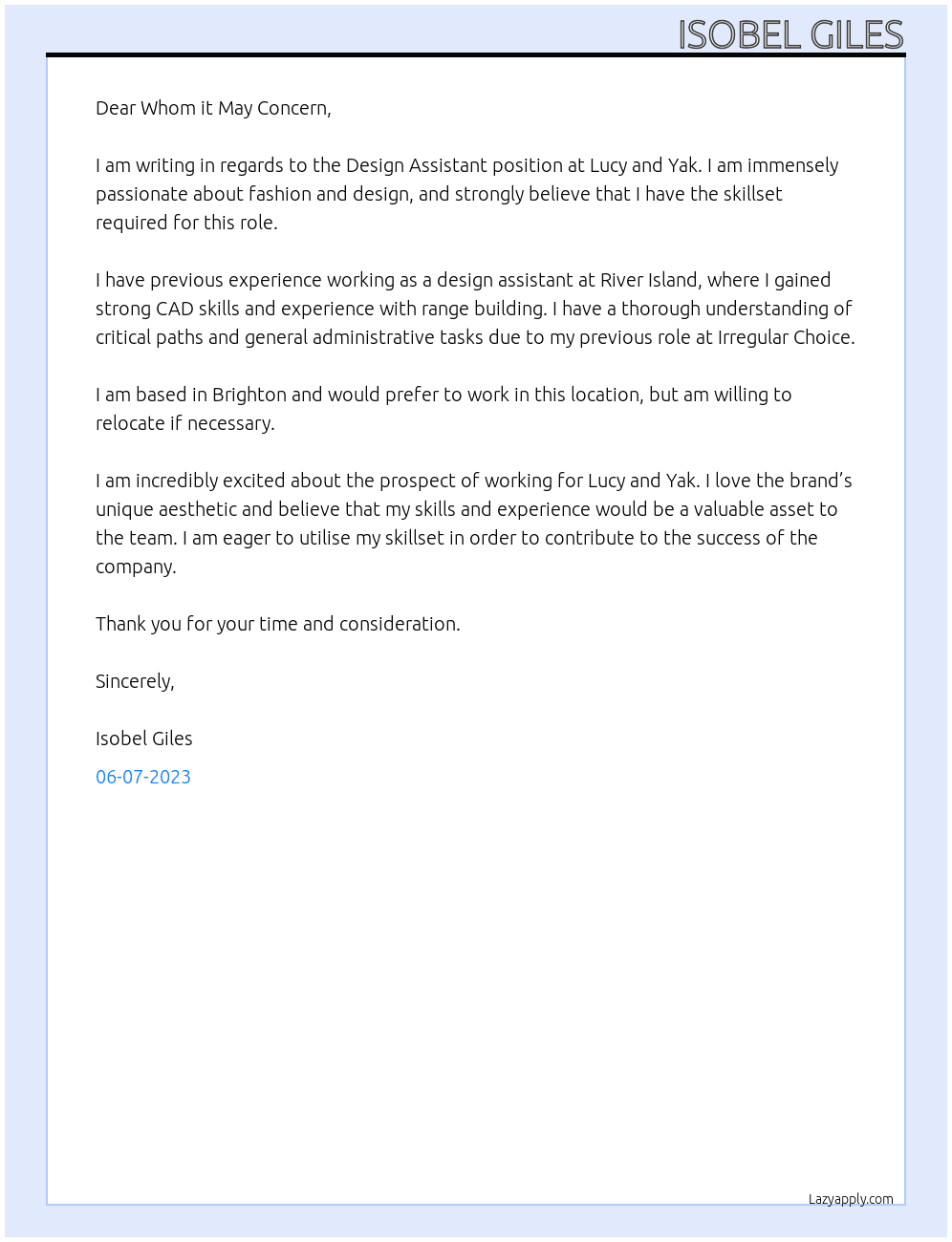 Design Assistant At Lucy and Yak Cover Letter