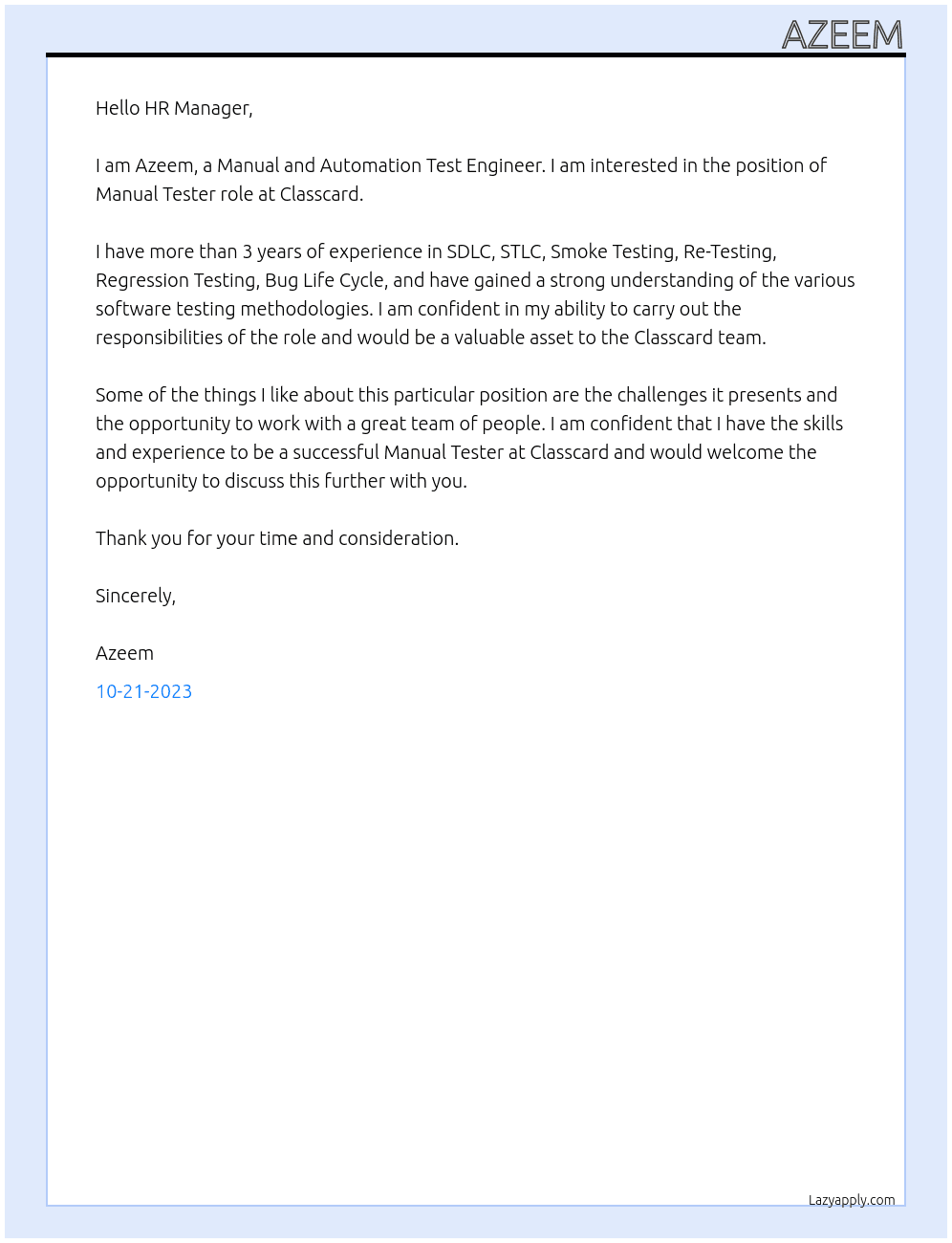 Manual and Automation Test Engineer At Classcard Cover Letter