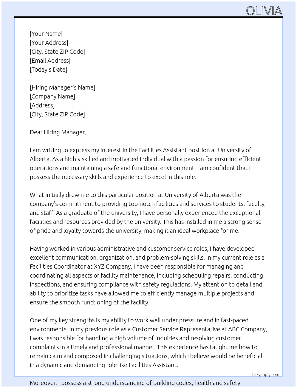 Facilities Assistant At University of Alberta Cover Letter