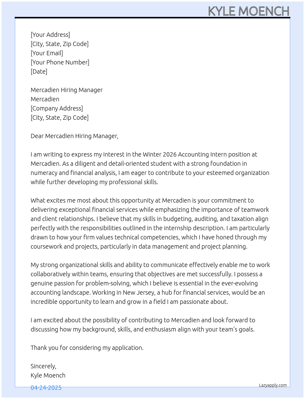 Cover letter for winter 2026 accounting intern - LazyApply