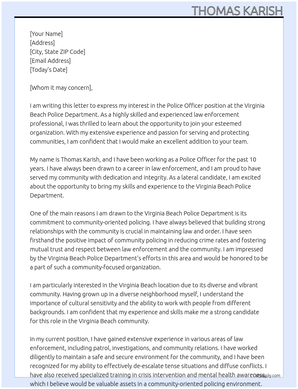 Police officer At Virginia Beach Police Department Cover Letter