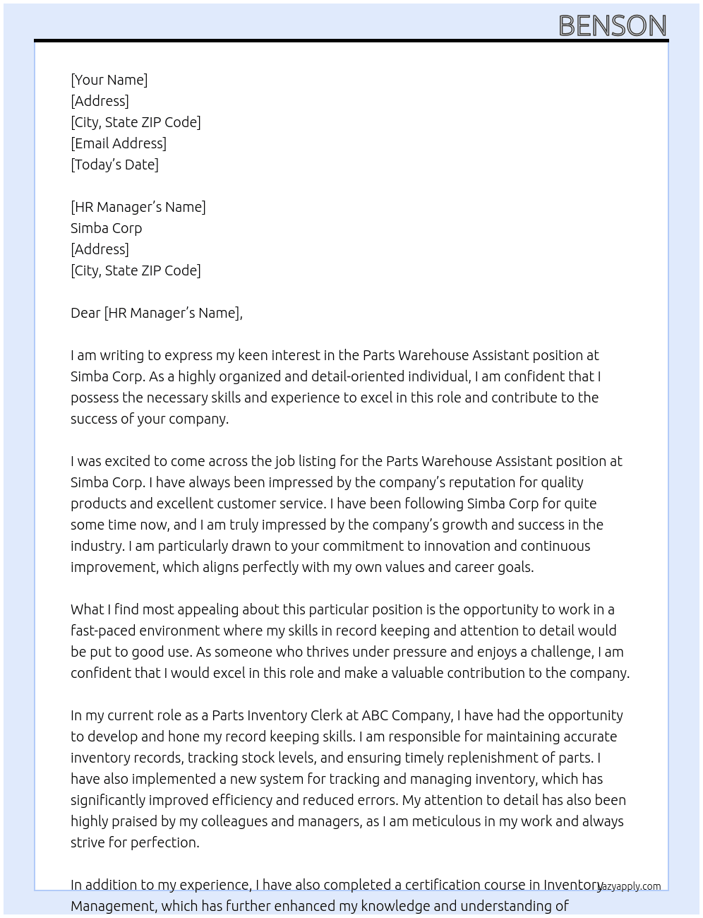 Parts Warehouse Assistant At Simba Corp Cover Letter