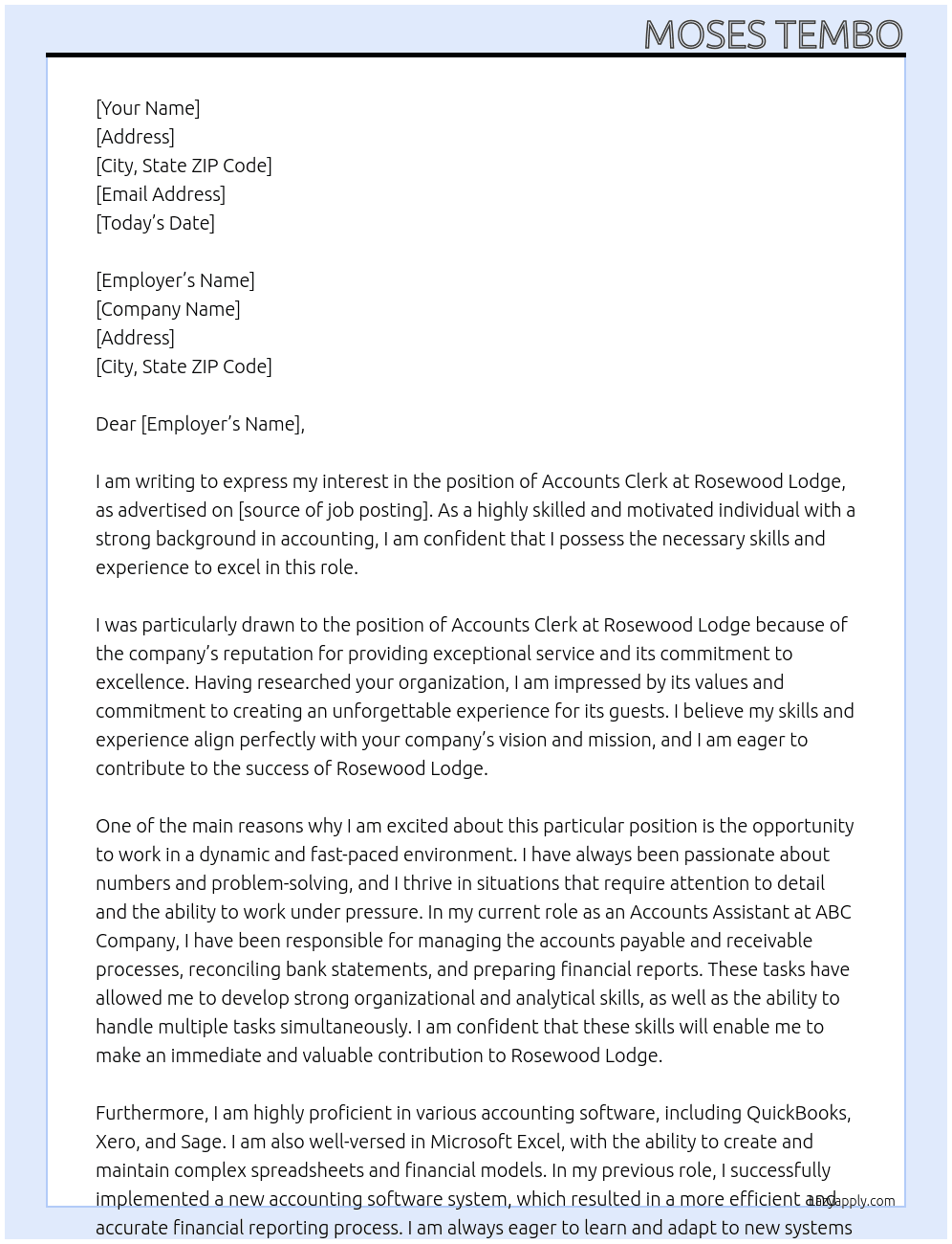 Accounts clerk  At Rosewood lodge Cover Letter