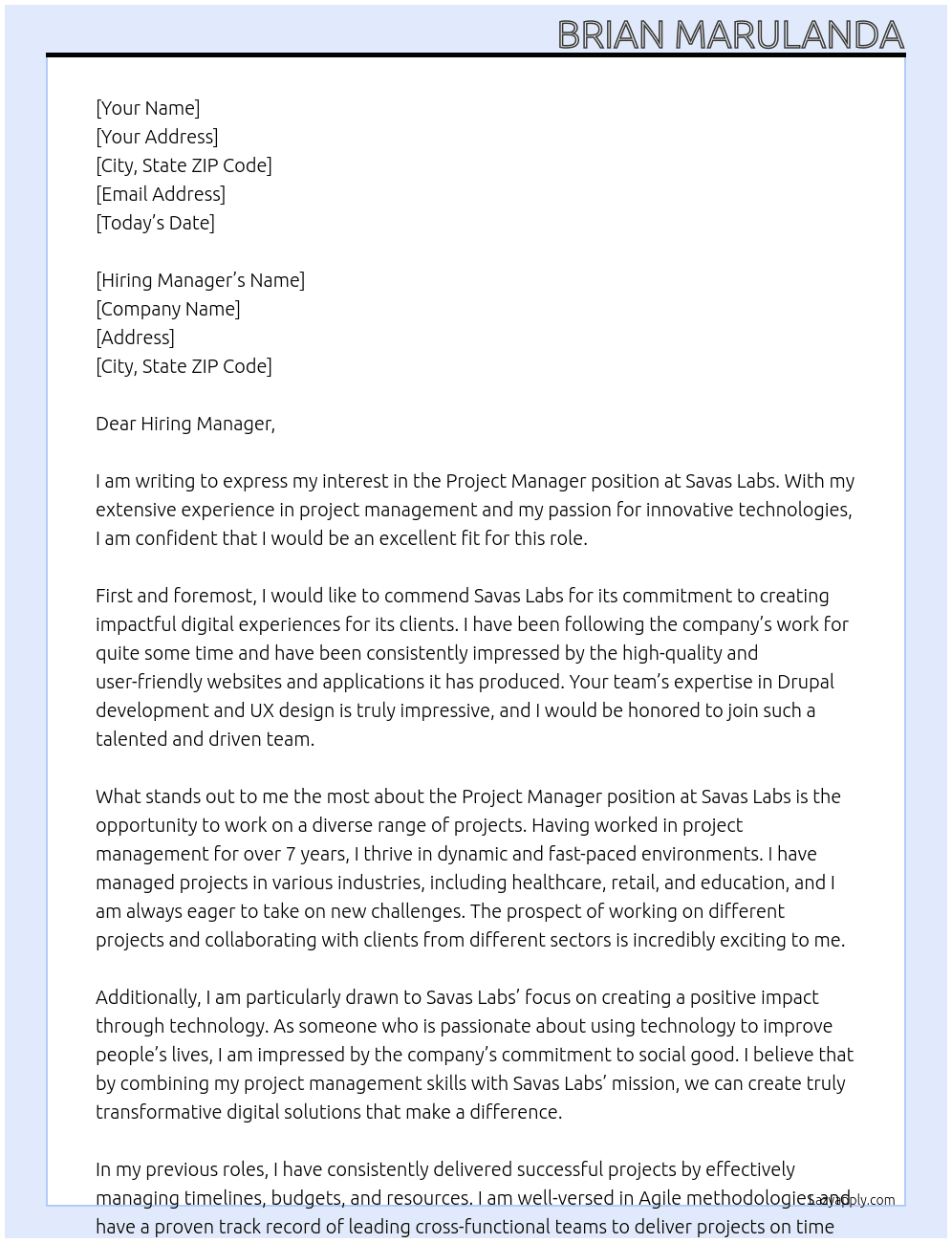 Project Manager At Savas Labs Cover Letter