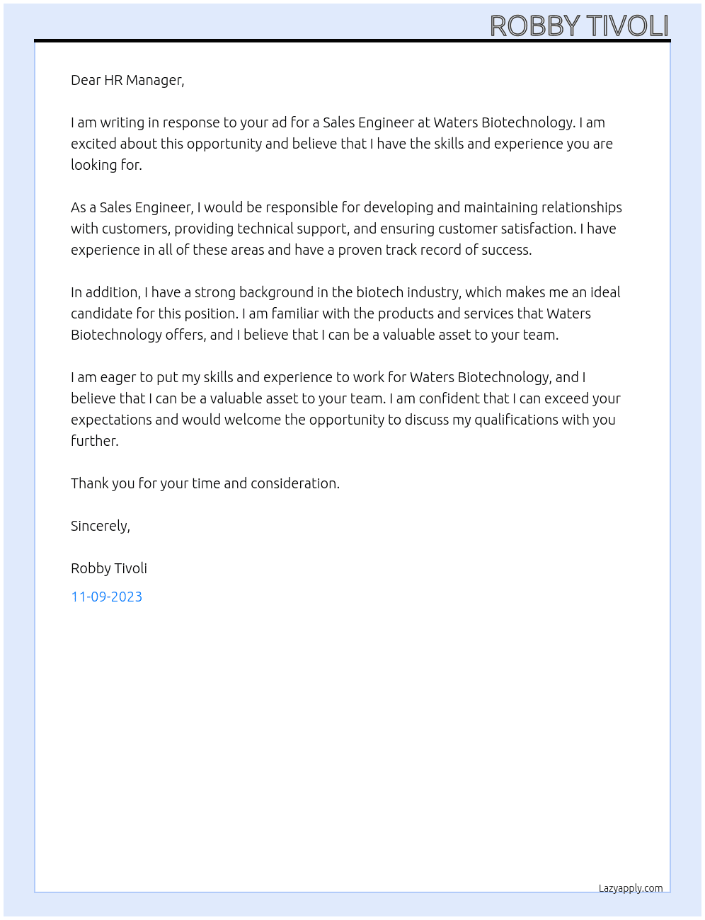 Sales Engineer At Waters Biotechnology Cover Letter