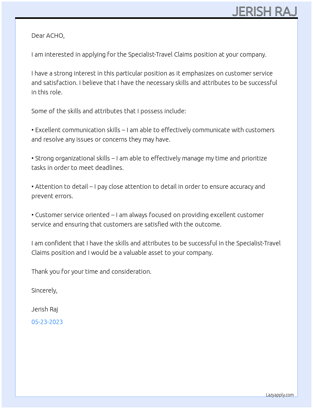 Specialist-Travel Claims At ACHO Cover Letter