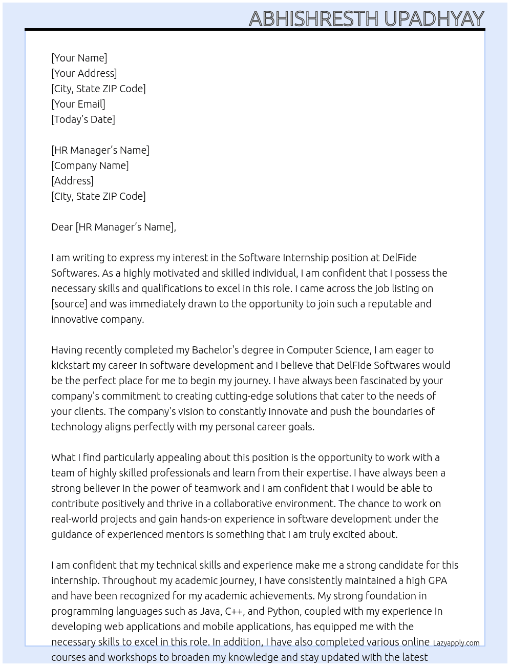 Software internship At DelFide softwares Cover Letter