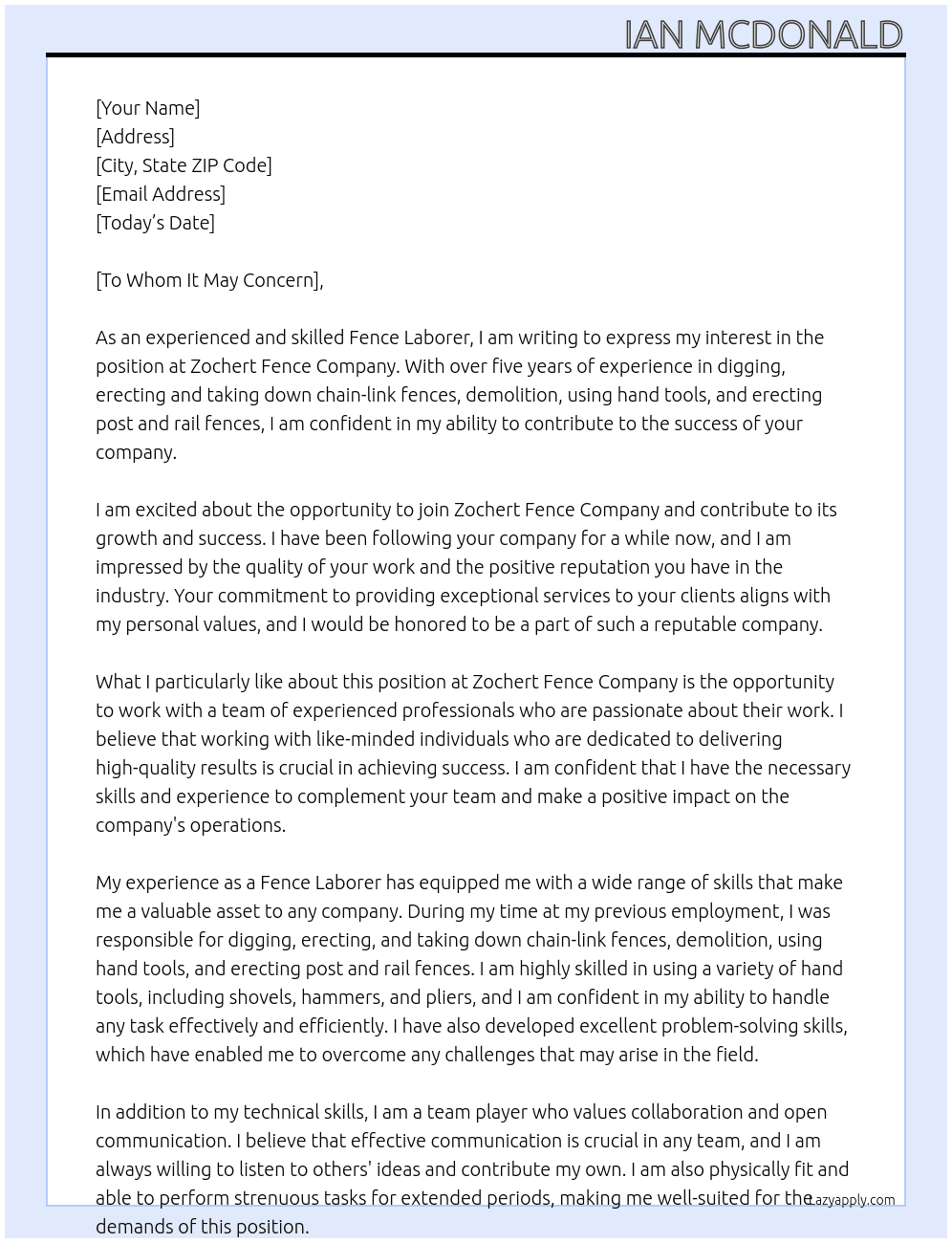 Fence Laborer At Zochert Fence Company Cover Letter