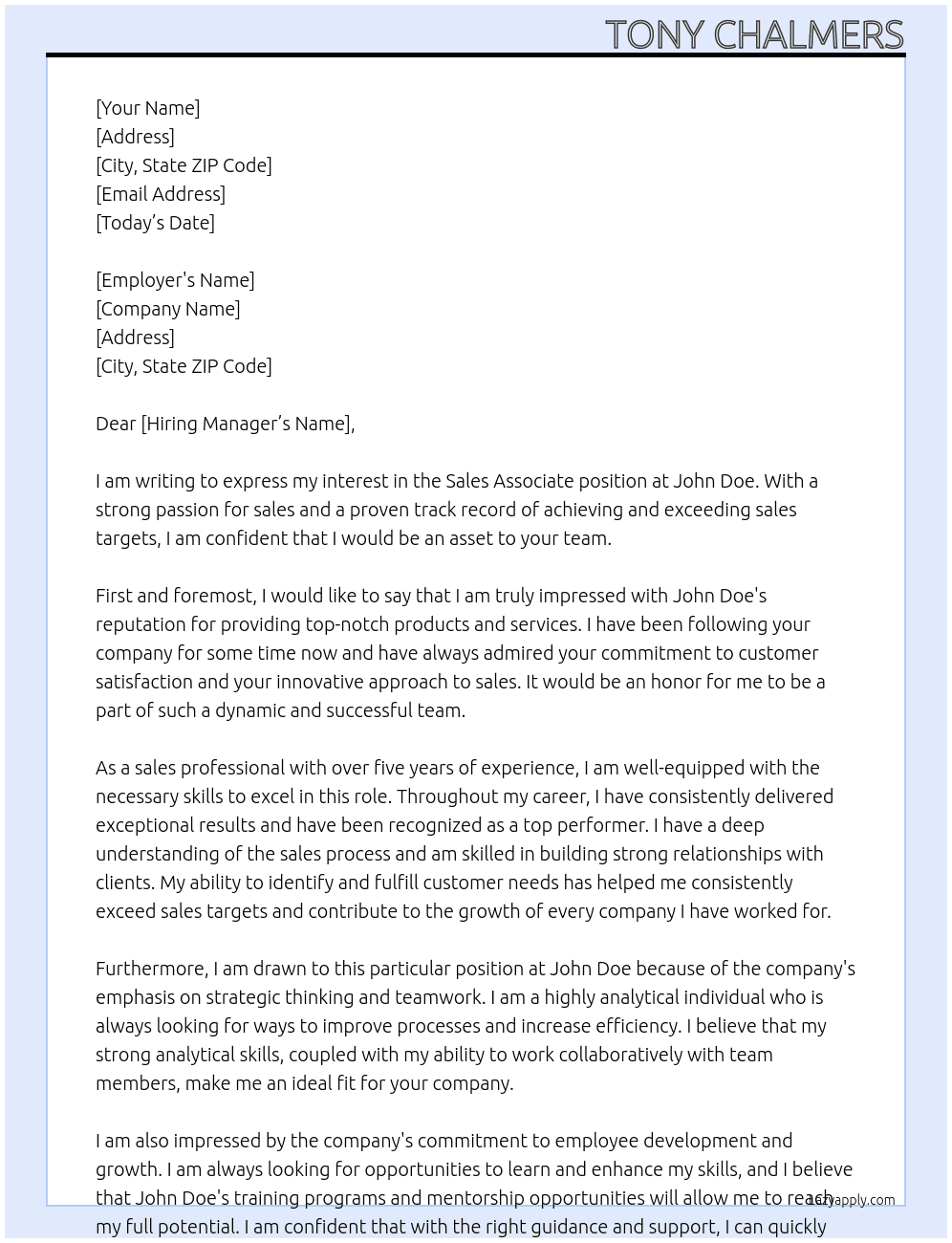 Sales associate  At John Doe Cover Letter