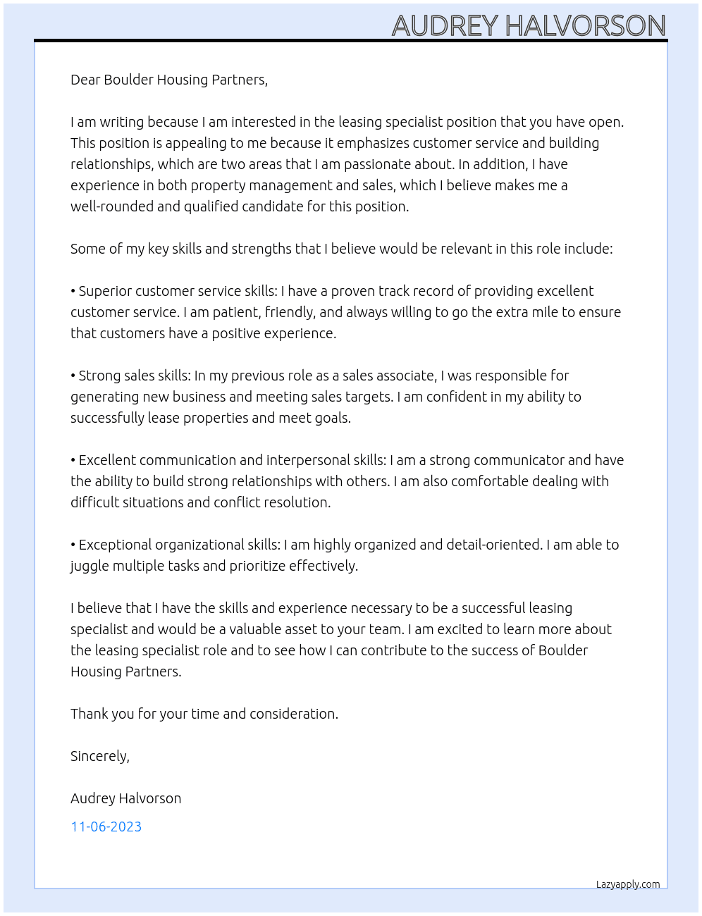 Leasing specialist  At Boulder Housing Partners Cover Letter