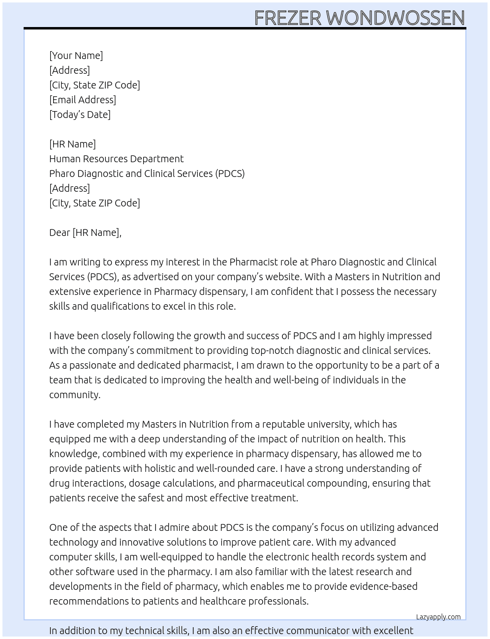 Cover letter for pharmacist and nutrition masters - LazyApply