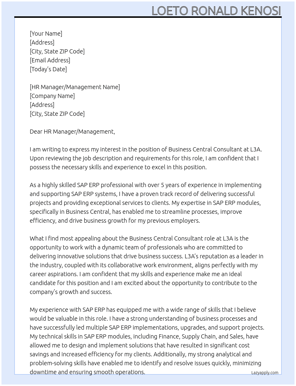 Business Central Consultant At L3A Cover Letter