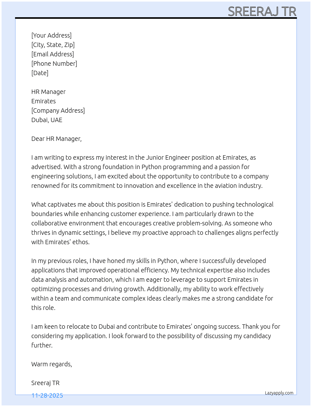 Junior Engineer At Emirates Cover Letter