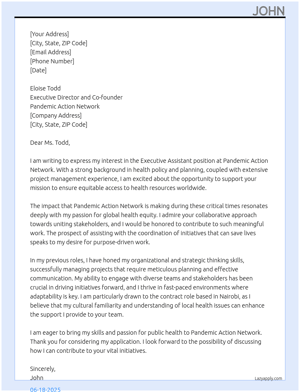 Executive Assistant  At Pandemic Action Network  Cover Letter