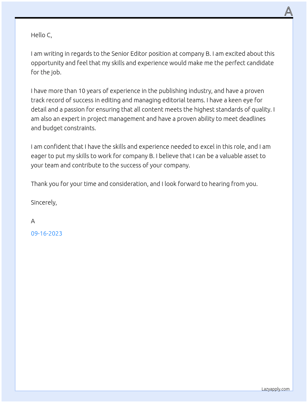 Senior Editor At b Cover Letter