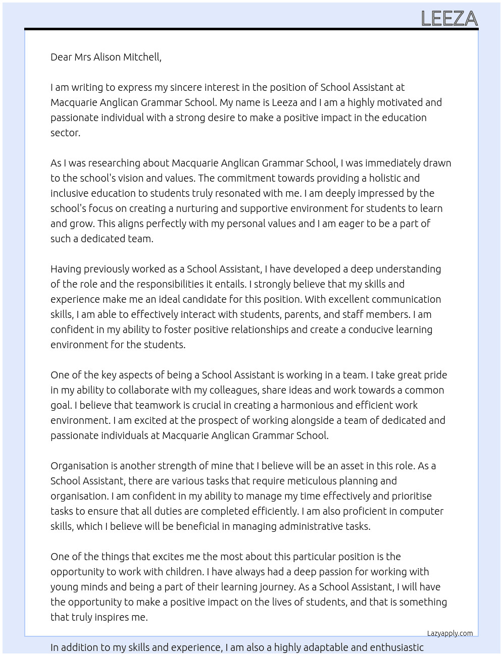 School assistant At Macquarie Anglican grammar school Cover Letter