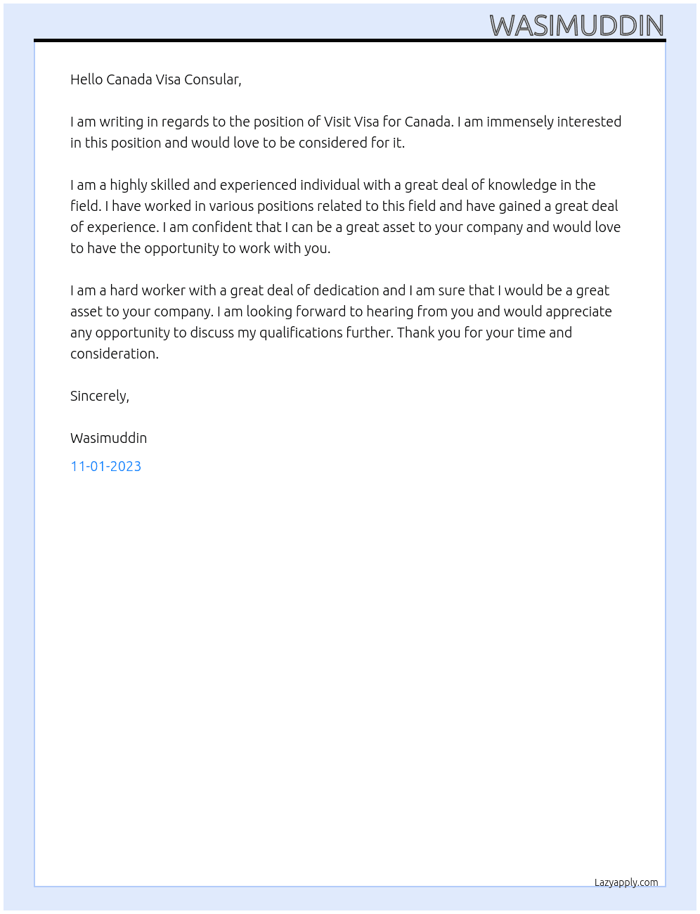 visit visa for canada  At canda  Cover Letter