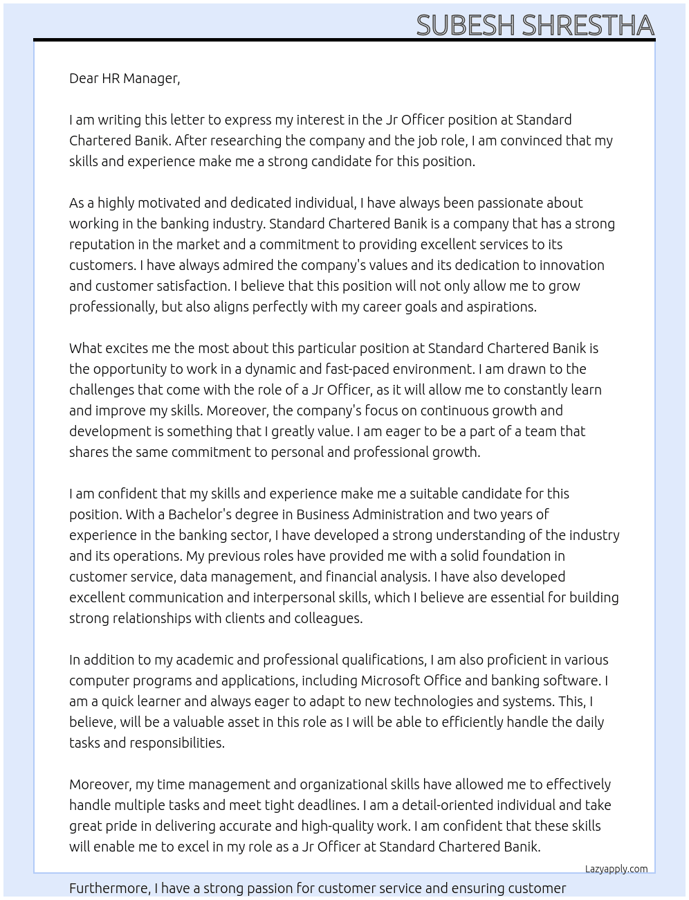 jr officer At standard chartered banik Cover Letter