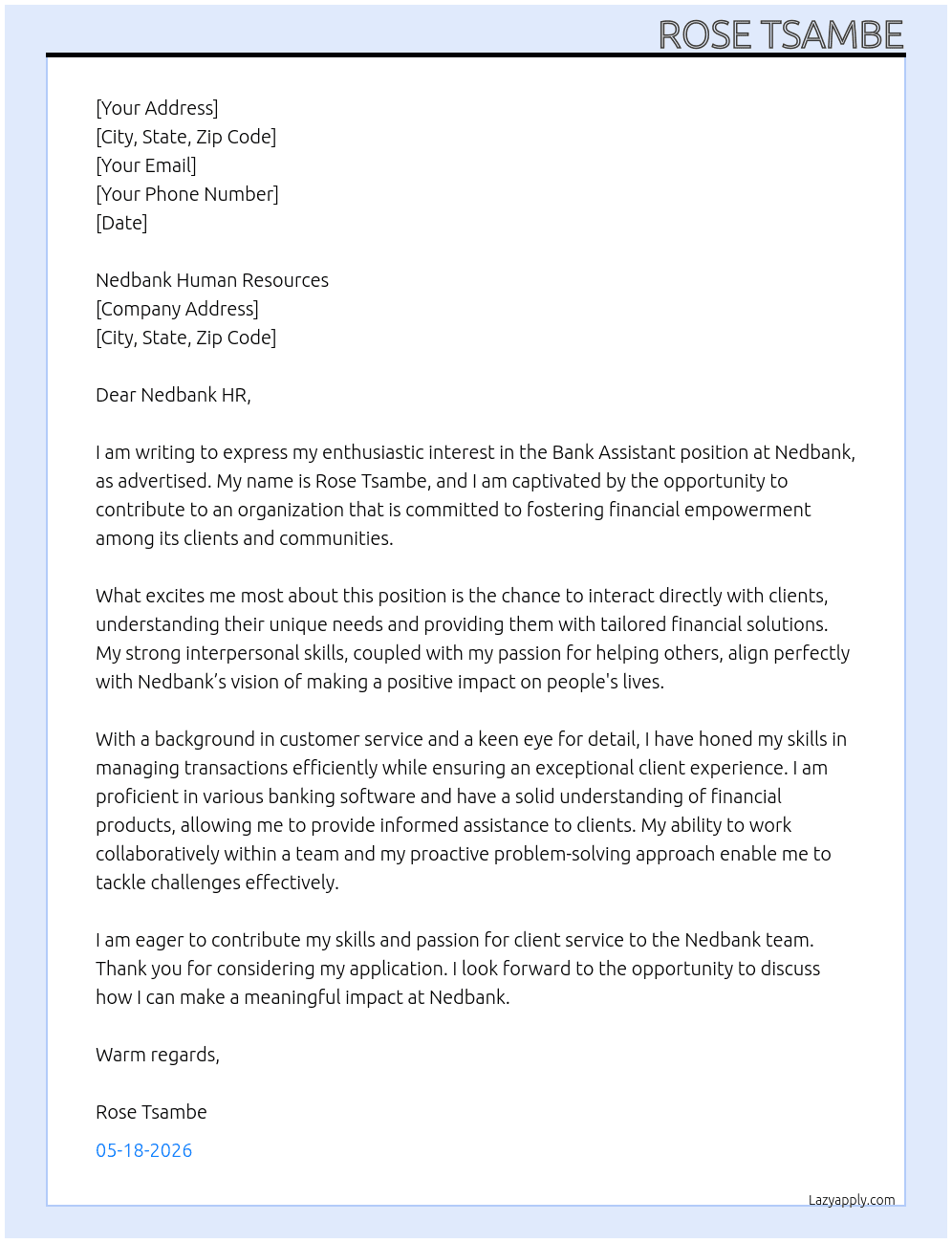 Bank assistance  At Nedbank  Cover Letter
