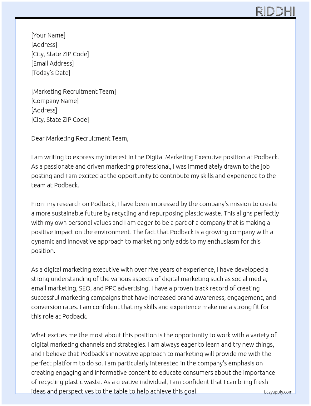 Digital Marketing Executive At Podback Cover Letter