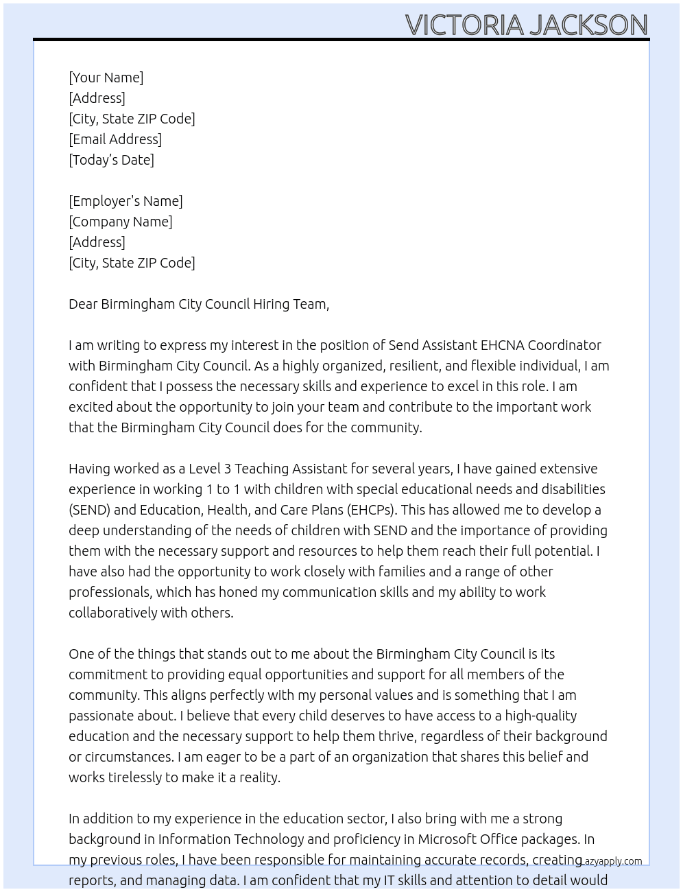 Cover letter for send assistant ehcna coordinator - LazyApply