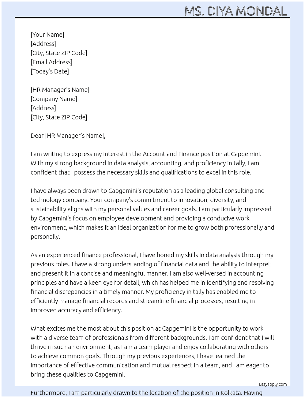 Account and finance  At Capgemini  Cover Letter