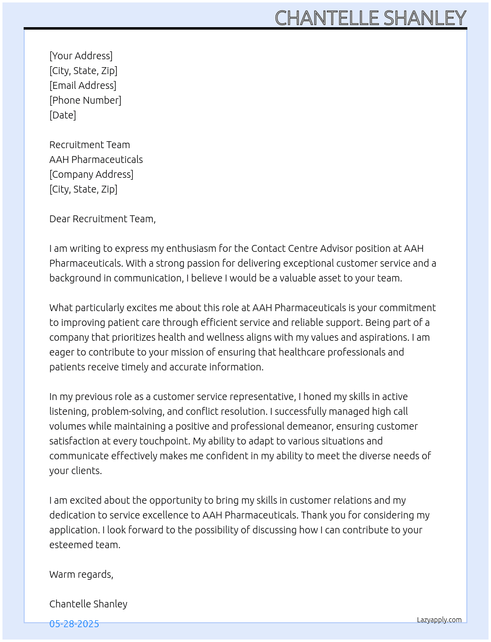 Cover letter for contact centre advisor - LazyApply