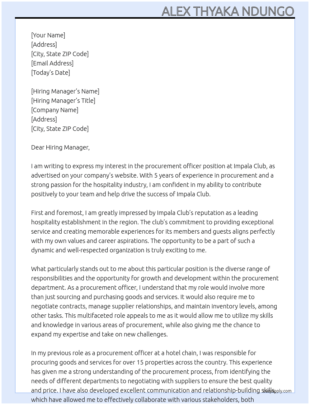 procurement officer At Impala Club Cover Letter