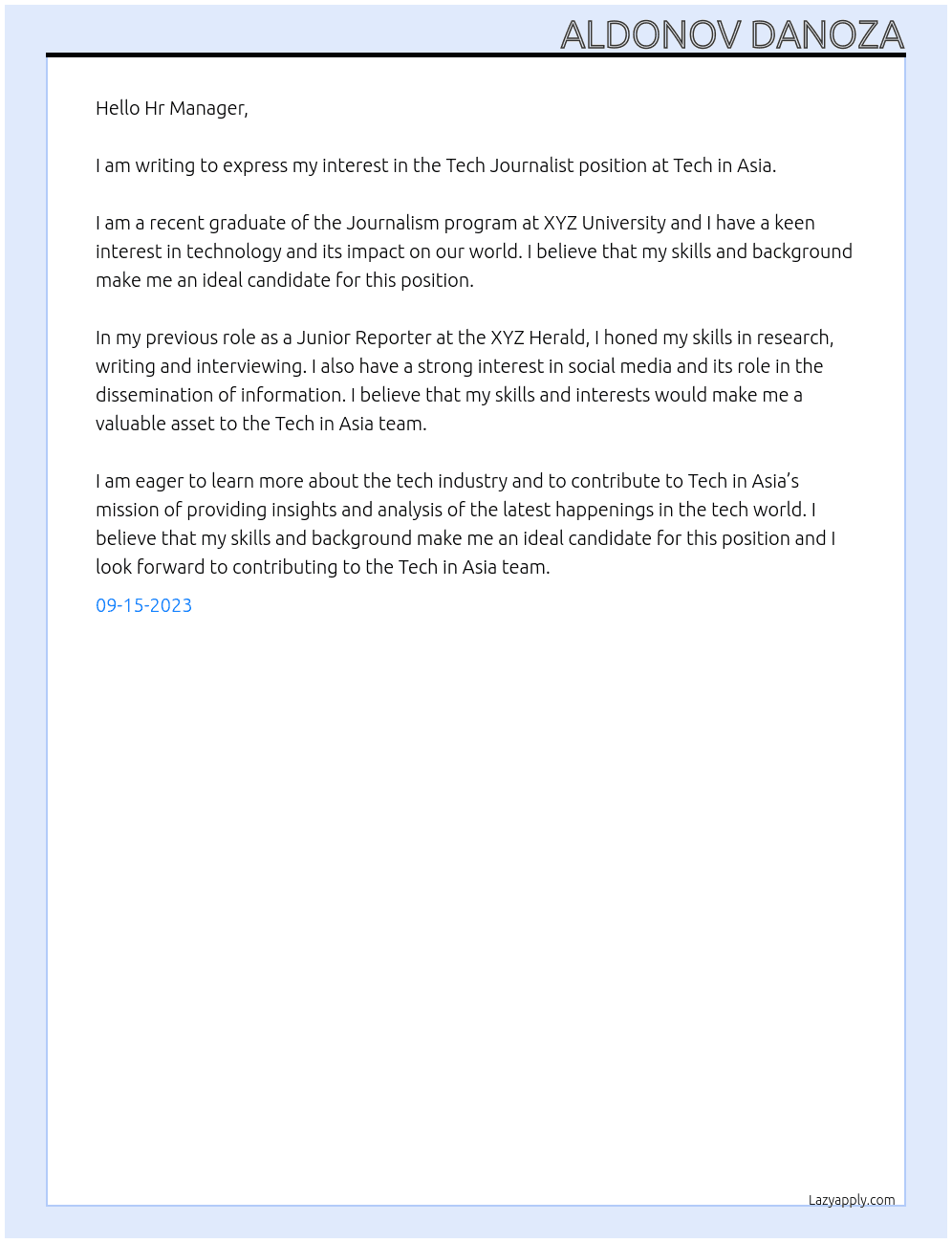 Tech Journalist At Tech in Asia  Cover Letter