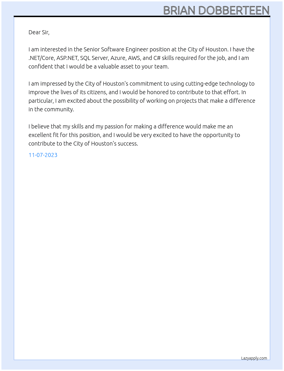 Senior Software Engineer At City of Houston Cover Letter