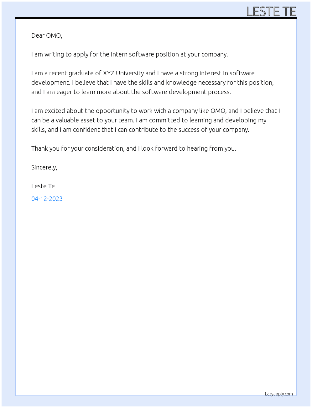Intern software At OMO Cover Letter
