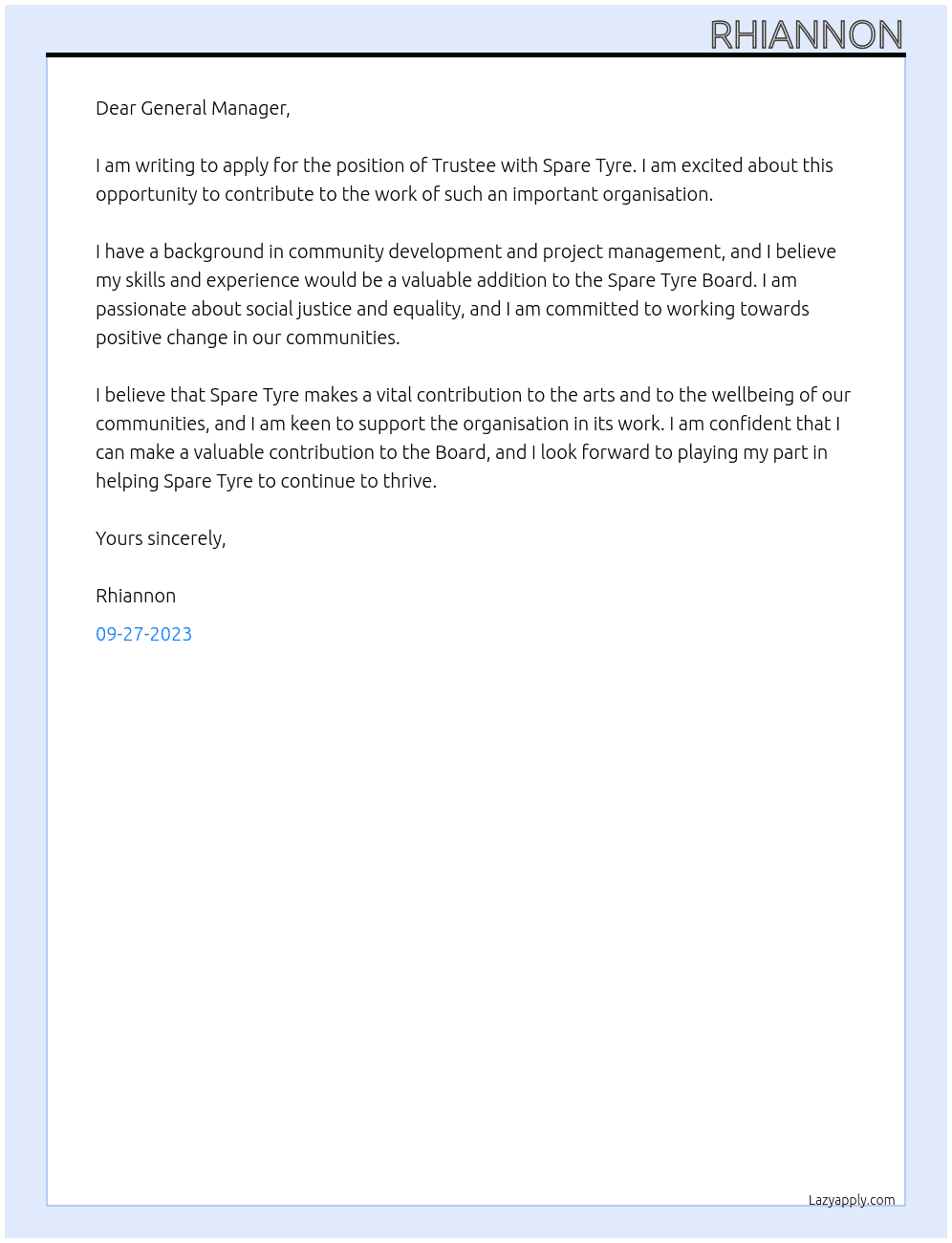 Trustee  At Spare Tyre Cover Letter